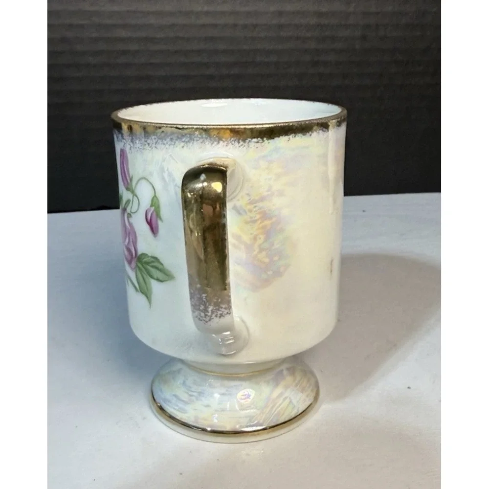 Vintage Sweet Pea April Coffee Cup Iridescent Gold Pink Flowers Fancy Handle - Picture 2 of 6